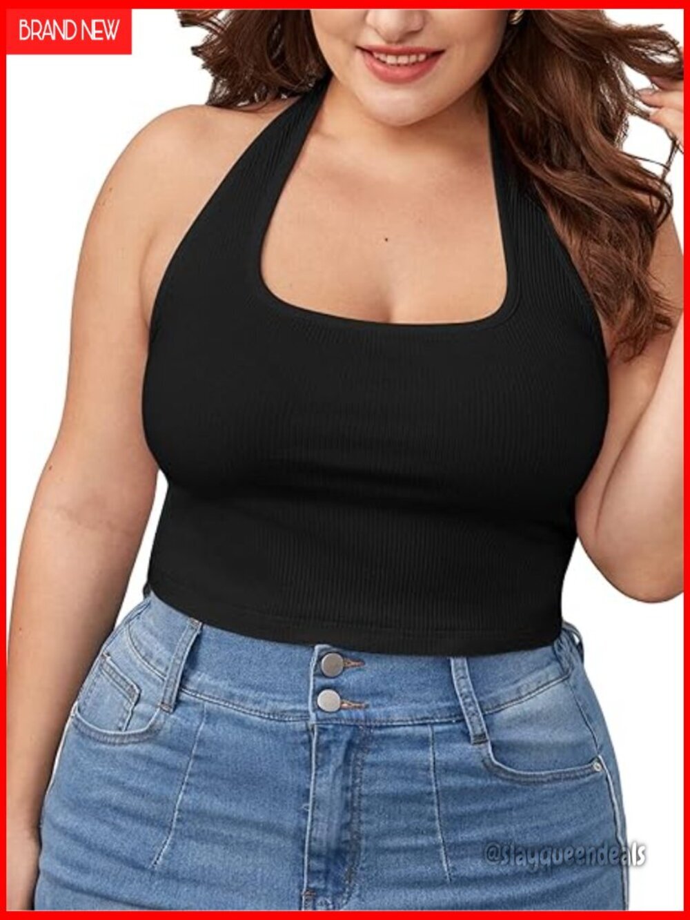 Plus Size Rib Knit Halter Crop Top Sleeveless Backless Sexy Tank
